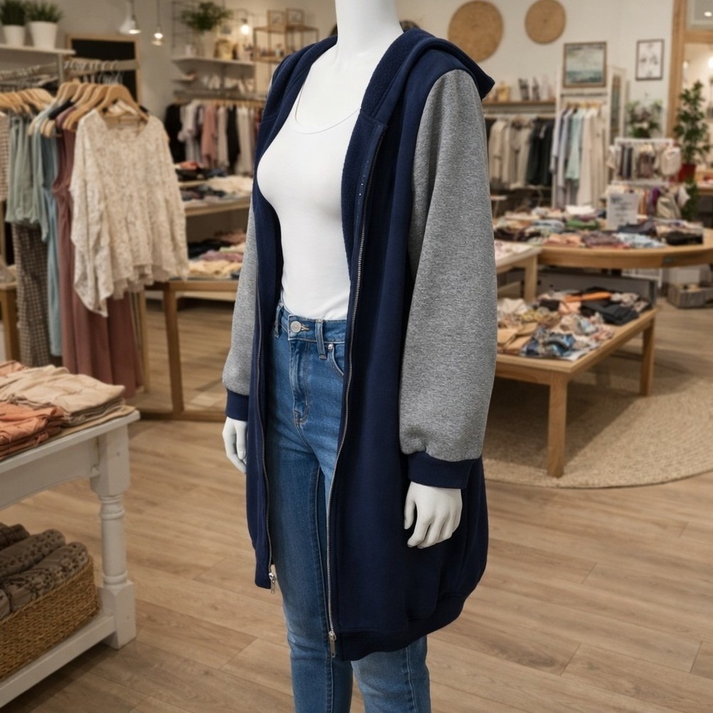 SHEIN Curve Womens 2XL Navy Blue‎ Grey Longline Full Zip Fleece Hoodie Jacket - Picture 3 of 8